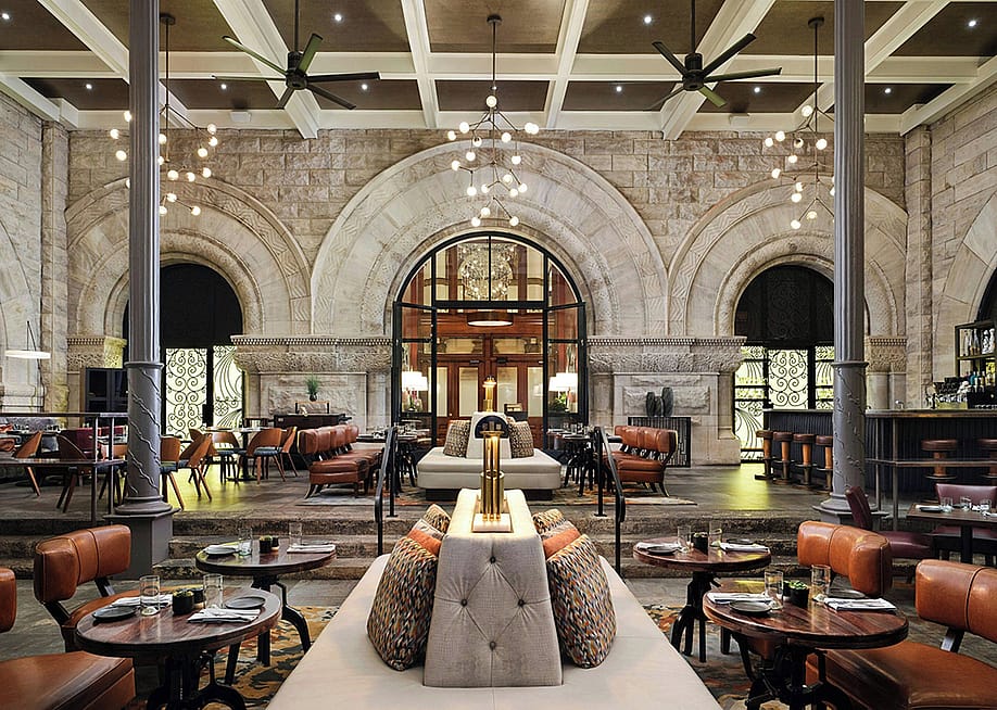 Interior of the Union Station Nashville Yards hotel lobby in Tennessee. — Expedia