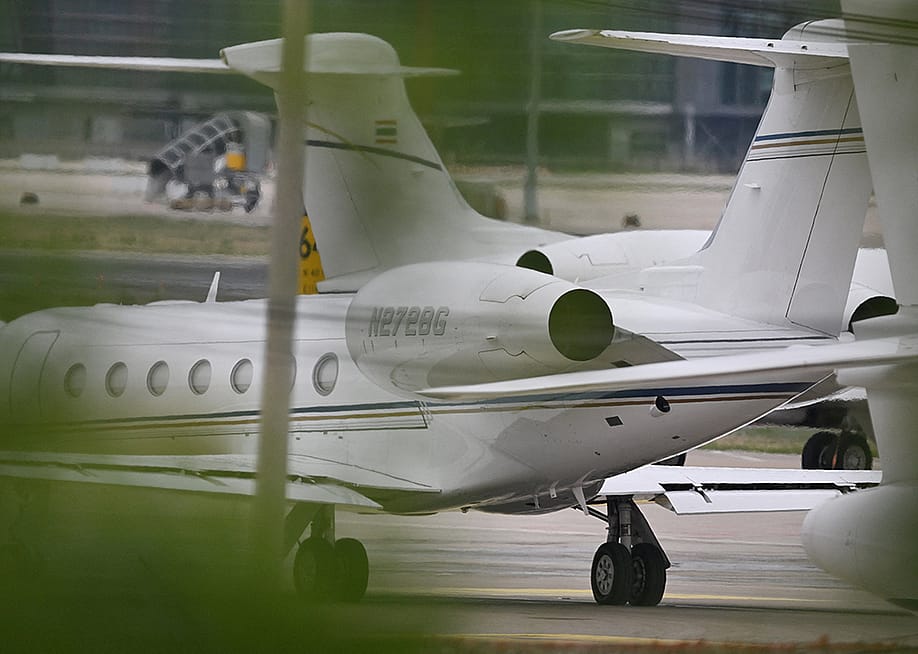 A view from behind of Tesla CEO, Elon Musk's private plane preparing to take off at Beijing Capital International Airport in China. — Photo by GREG BAKER // AFP via Getty Images