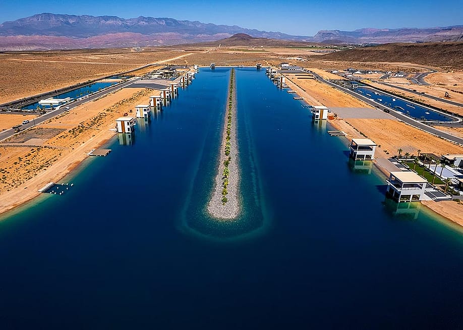 Aerial view of Southern Shores, a deep blue body of water surrounded by dry desert sand, in Hurricane on Wednesday, Sept. 17, 2025. — Trent Nelson // The Salt Lake Tribune