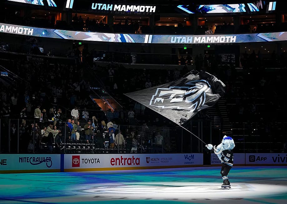 Tusky, the mascot for Utah Mammoth, waves a flag at center ice after the game against the San Jose Sharks at Delta Center in Salt Lake City on Friday, Oct. 17, 2025. — Bethany Baker // The Salt Lake Tribune