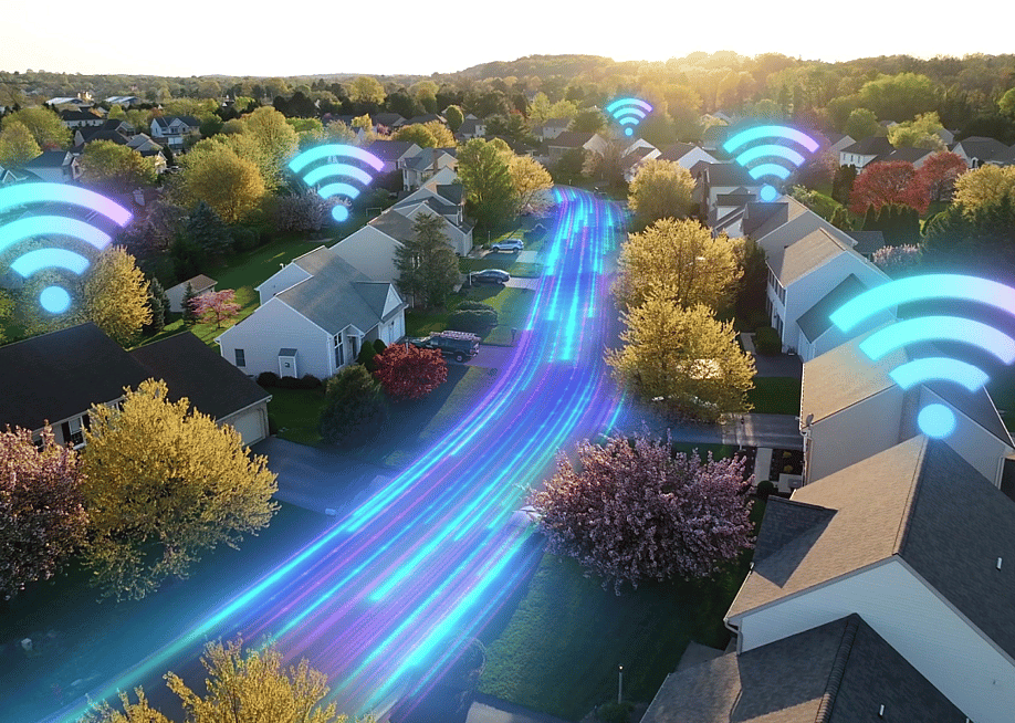 Glowing wifi symbols and speed line graphics illustrated over modern American homes. — TechAnimationStock // Shutterstock
