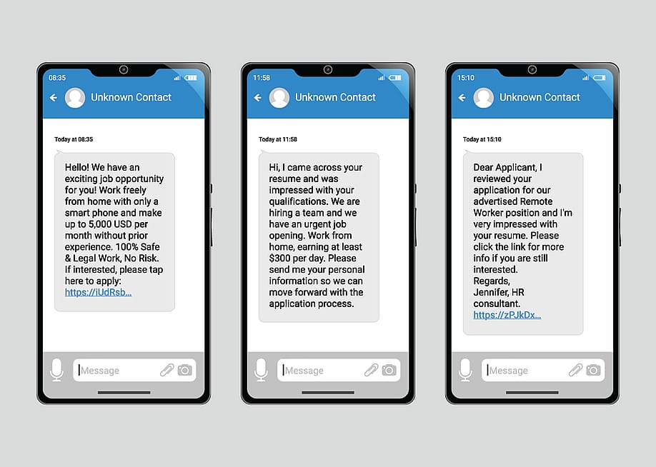 Three examples of scam job offer text messages from an unknown contact. — synthetick // Shutterstock