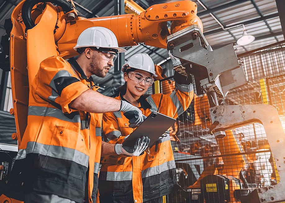 Two members of an engineering team looking at programming in a tablet inside their automated manufacturing factory. — Quality Stock Arts // Shutterstock