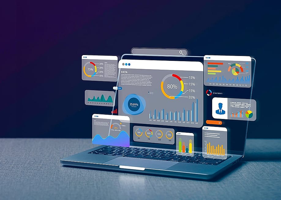 A laptop illustrated with AI data dashboard and software graphics. — Deemerwha studio // Shutterstock