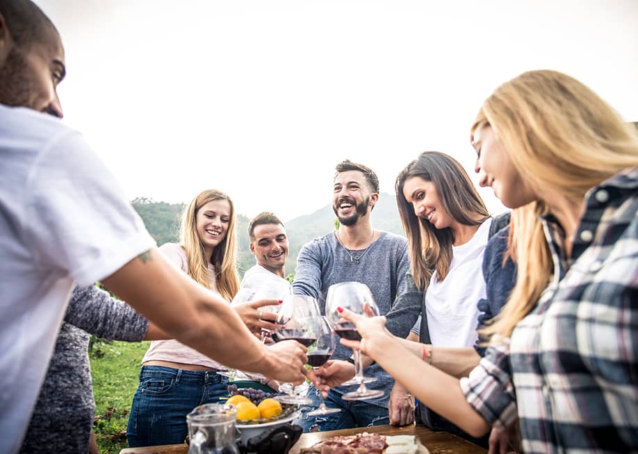 A group of friends making a toast with wine glasses while having a meal outdoors. — oneinchpunch // Shutterstock