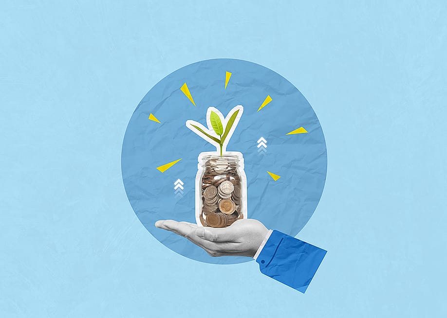 A custom collage illustration of a hand holding a jar of coins growing a plant against a blue background. — Sichon // Shutterstock