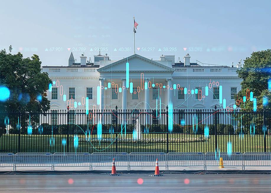 The White House illustrated with trading graphics. — VideoFlow // Shutterstock