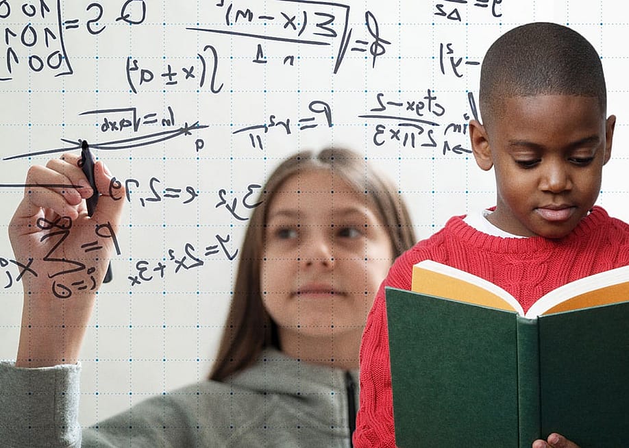 A collage of a young girl solving math problems using a marker and a young boy reading a math book. — The 74 // Getty images