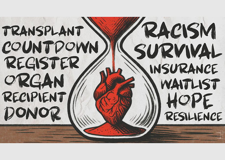 An illustration depicting the concept of organ donation with a red heart shown inside an hourglass with sand representing time pouring through, with relevant words in the background including "countdown," "reigster," "survival," "racism," "waitlist," "insurance" and more. — Demis Courquet-Lesaulnier