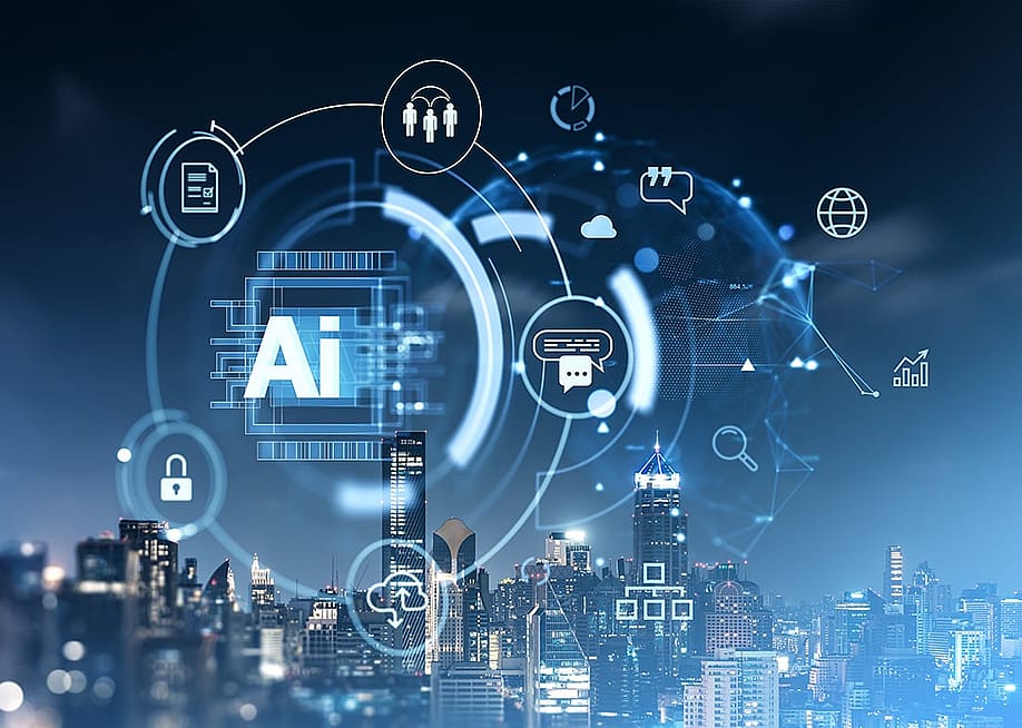 Skyscrapers at night illustrated with AI holographic icons. — ImageFlow // Shutterstock