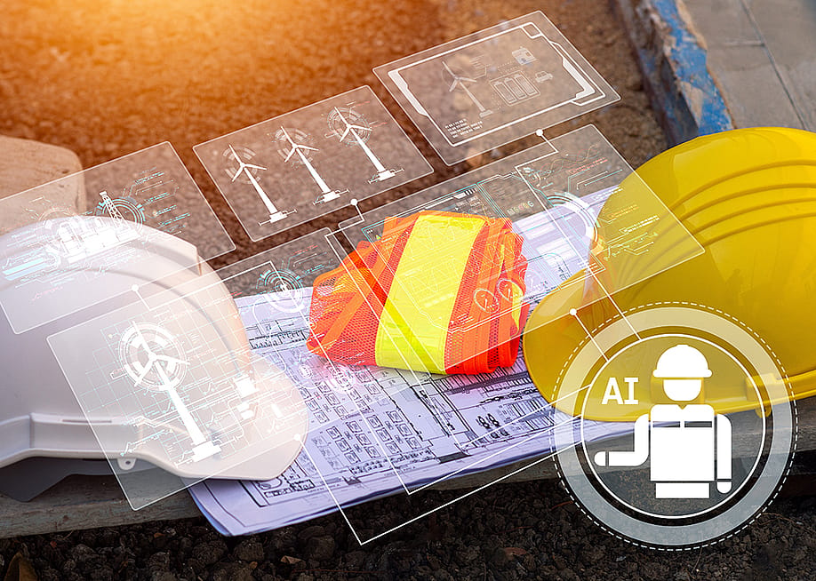 Construction site gear and printed plans illustrated with AI software graphics. — MUNGKHOOD STUDIO // Shutterstock