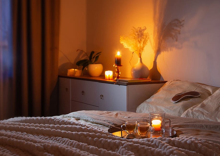 Cups of tea on a tray on a bed at night. — Maya Kruchankova // Shutterstock