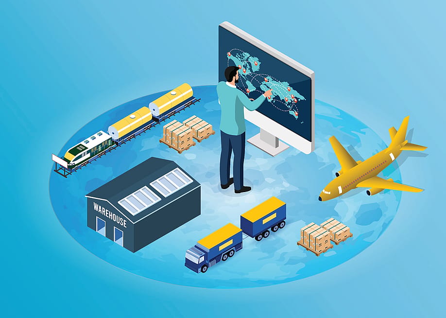 A vector illustration of shipment systems coordinated for global logistics and distribution. — Sabura // Shutterstock