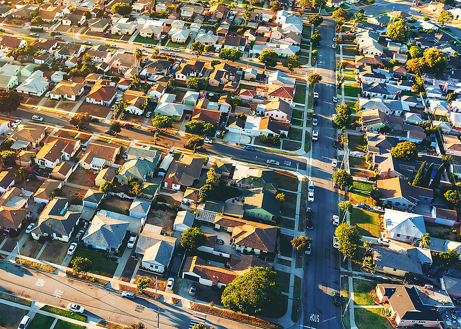 An aerial view of a residential neighborhood in Hawthorne, Los Angeles. — TierneyMJ // Shutterstock