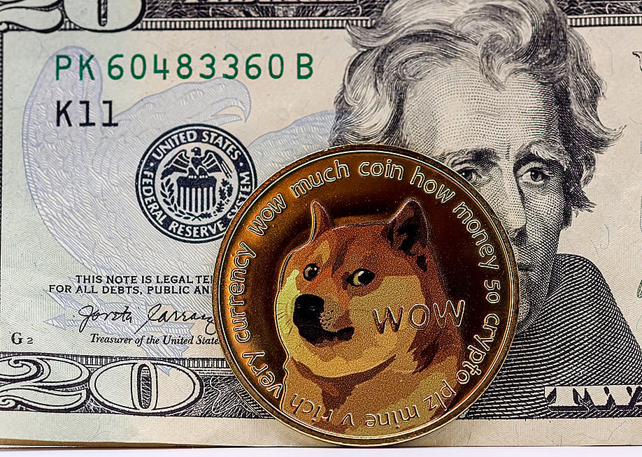 Crypto Dogecoin in front of a $20 US banknote. — TopMicrobialStock // Shutterstock