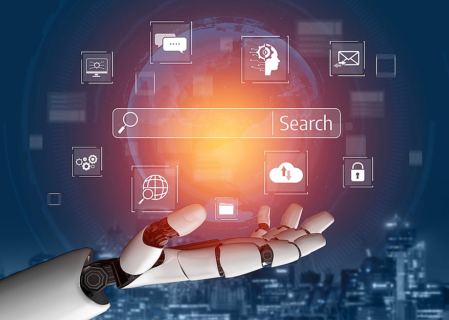Concept of AI and SEO, keyword search graphics over a hand of a robot. — Summit Art Creations // Shutterstock