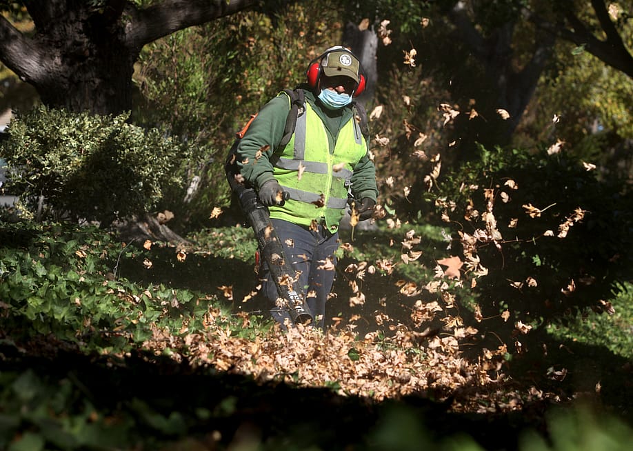 A man uses a gasoline-powered leaf blower to clear leaves and gardening debris. — Sarah Dussault // MediaNews Group / The Mercury News via Getty Images
