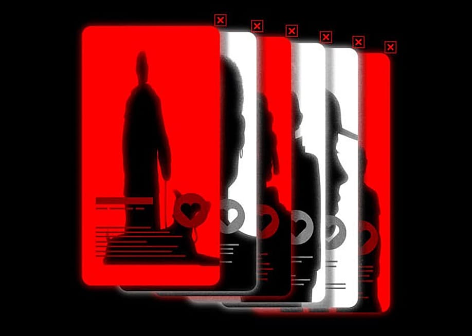 An illustration of a stack of dating app profiles in red, white and black colors. — Anson Chan