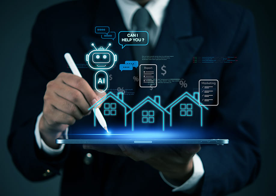 AI chatbot for property management graphics over a person using a tablet. — khunkornStudio // Shutterstock
