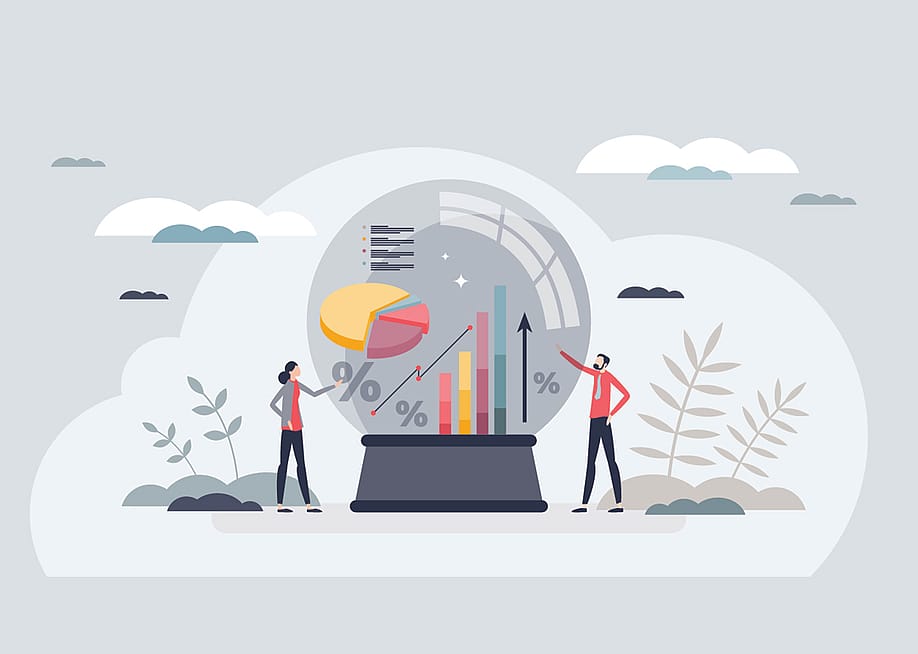 A vector illustration showing a crystal ball of data modeling with tiny figures of business people around it as a concept of predictive analytics. — VectorMine // Shutterstock
