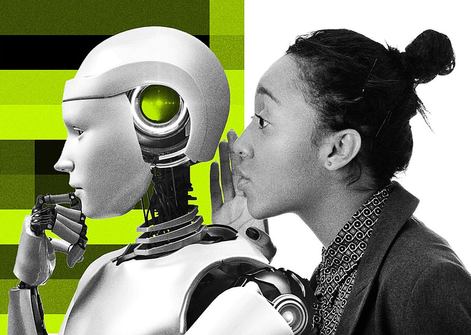 Concept of AI-powered tutoring illustrated with a person dressed professionally that looks like a teacher whispering from behind toward a robot's head. — Eamonn Fitzmaurice // The74; Getty Images