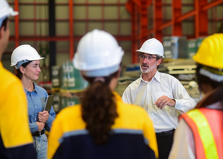 A senior engineering manager briefing a team in their industrial factory workplace. — skipper_sr // Shutterstock