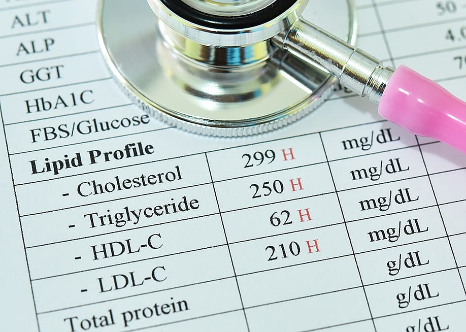 A stethoscope over a lipid test document with high results. — Jarun Ontakrai // Shutterstock