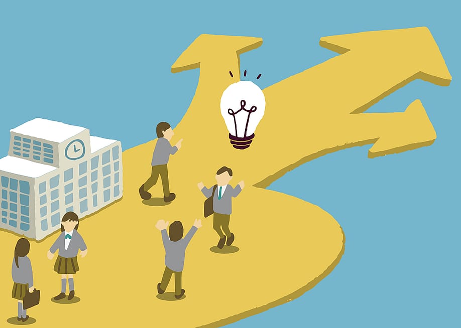An illustration of a graduation concept, with a five students outside a school with a lightbulb and three arrows pointing in different paths. — Turn_around_around // Shutterstock
