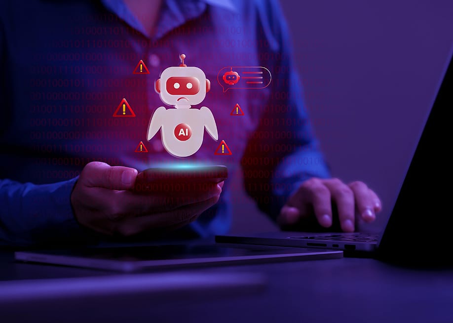 An illustration overlay of a chatbot on a photo of a woman holding a mug and typing on a laptop. — BOY ANTHONY // Shutterstock