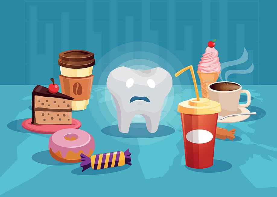Vector illustration of a sad tooth surrounded with common sweet and sugar-based food. — FGC // Shutterstock