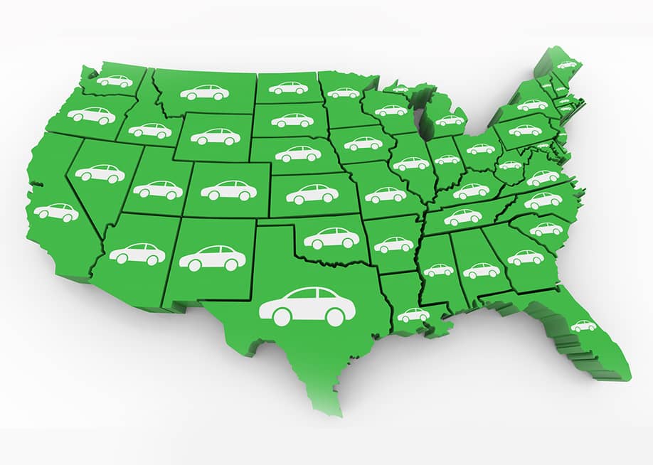 Illustration of the US map with an icon of a car on each state. — iQoncept // Shutterstock