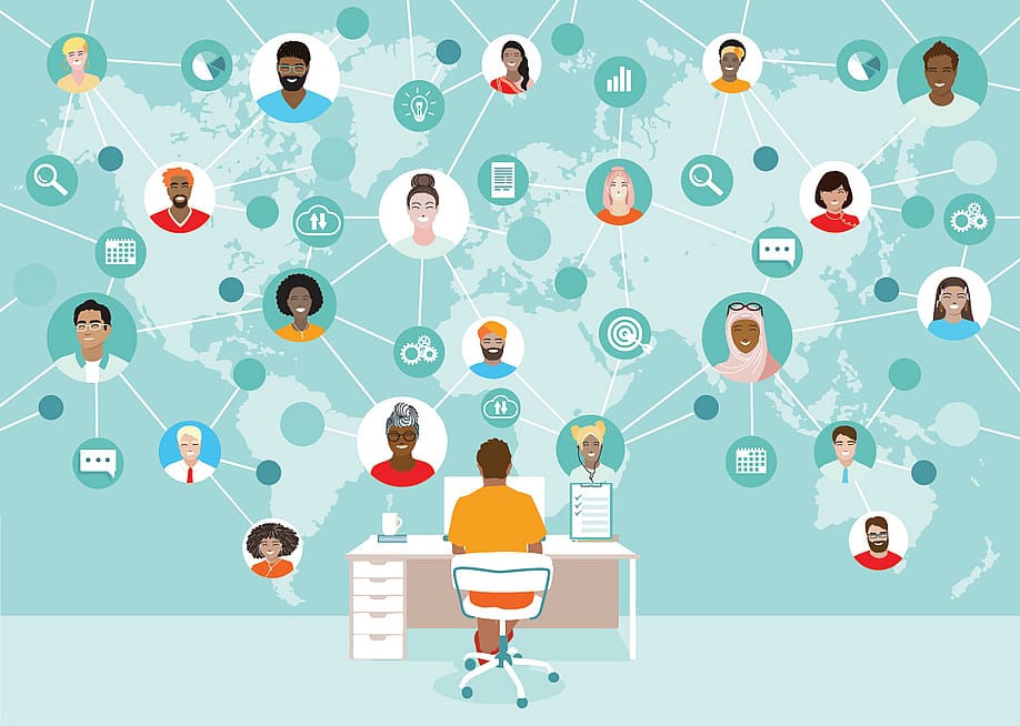 Vector illustration of a network of employees as a concept of virtual remote work. — Tasha Art // Shutterstock