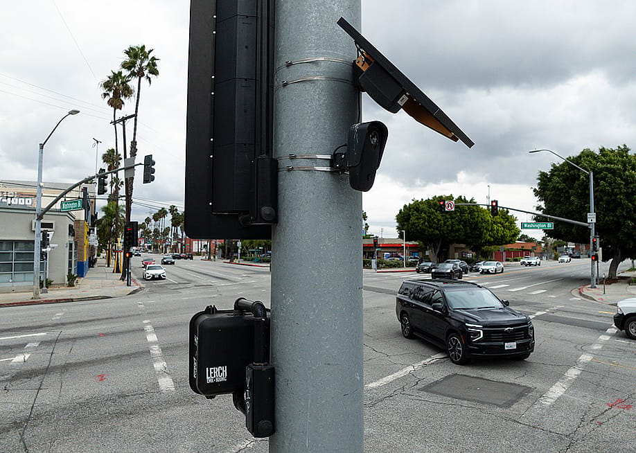 Automated License Plate Readers (ALPRs) placed at the intersection of Washington Boulevard and La Cienega Boulevard in Culver City, California. — Kayla Bartkowski // Los Angeles Times via Getty Images