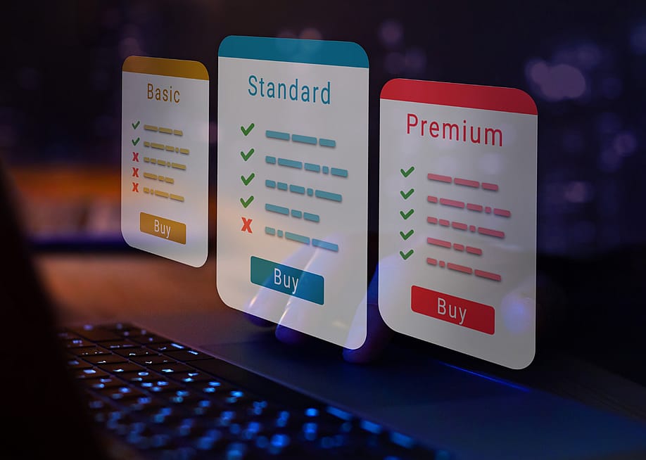 Three options, Basic, Standard, and Premium, float above a keyboard in a subscription plan options concept. — Song_about_summer // Shuttertstock