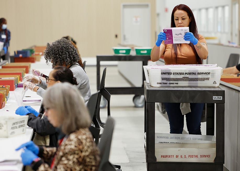 Election workers process ballots at the Los Angeles County Ballot Processing Center in 2025 in City of Industry, California. — Mario Tama // Getty Images