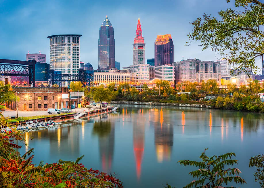 A view of the river and city skyline in Cleveland, Ohio. — Sean Pavone // Shutterstock