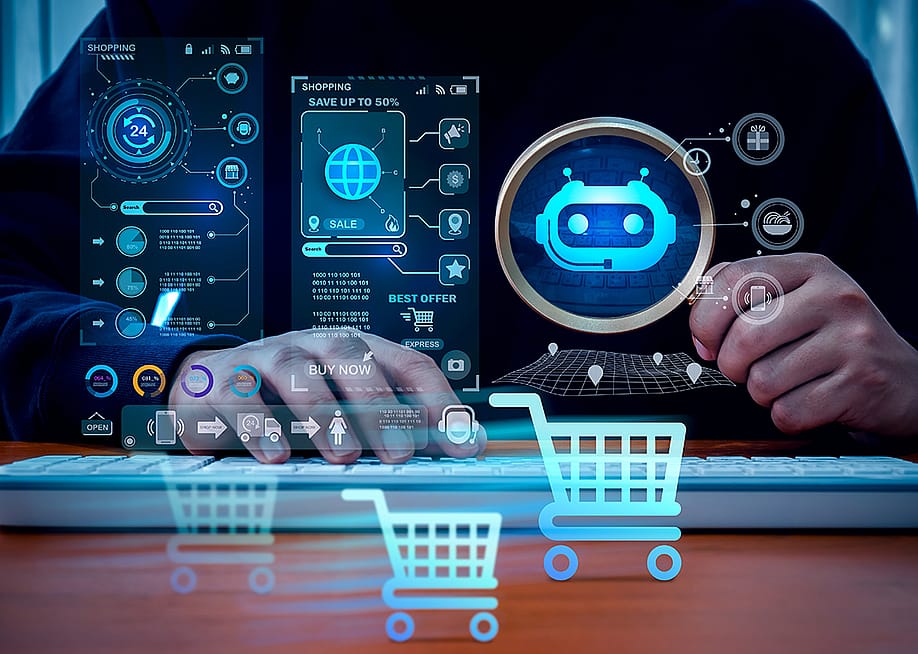 Person shopping online using a computer illustrated with AI shopping and technology graphics. — tete_escape // Shutterstock