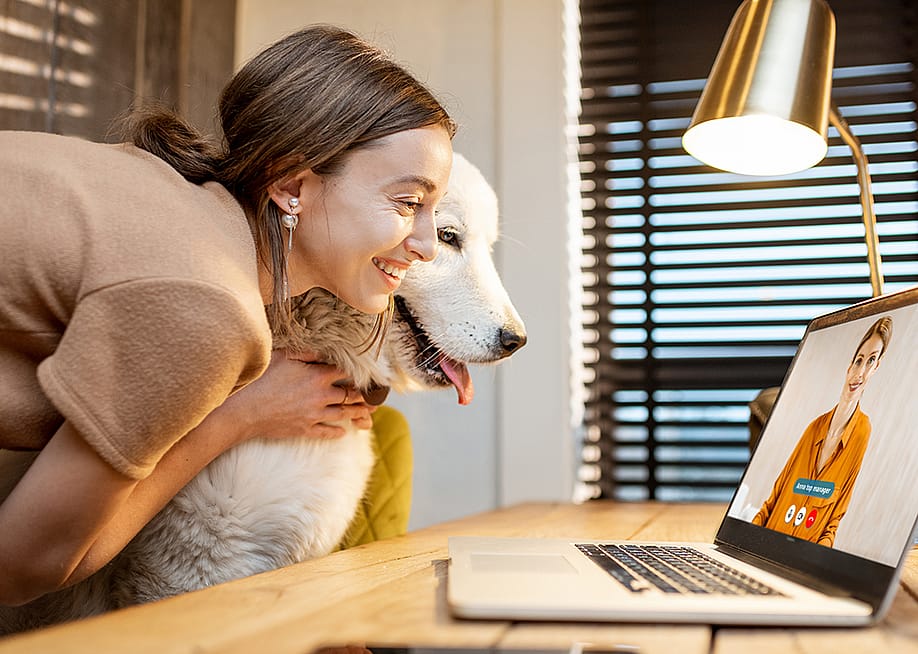 A young woman sharing a video call with her dog at home. — RossHelen // Shutterstock