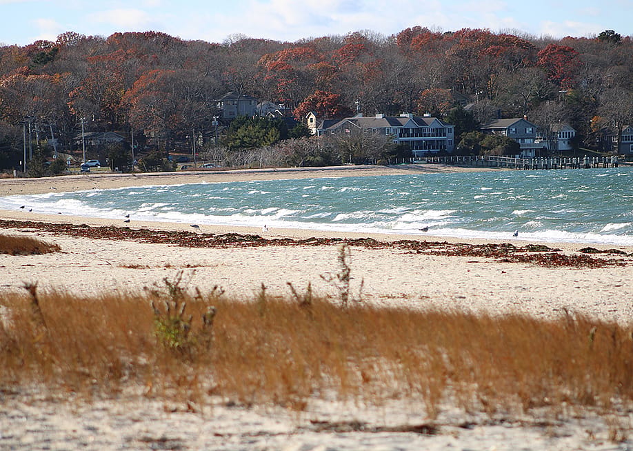 Luxury homes along the Noyac Bay beach in Sag Harbor, New York during winter. — Jaclyn Vernace // Shutterstock.