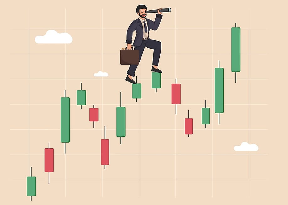 Vector illustration of a businessman with a telescope standing on stock market candlestick chart. — narongth // Shutterstock