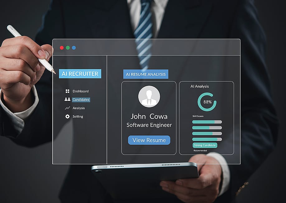 An AI recruitment software graphic over a businessman using a tablet. — khunkornStudio // Shutterstock