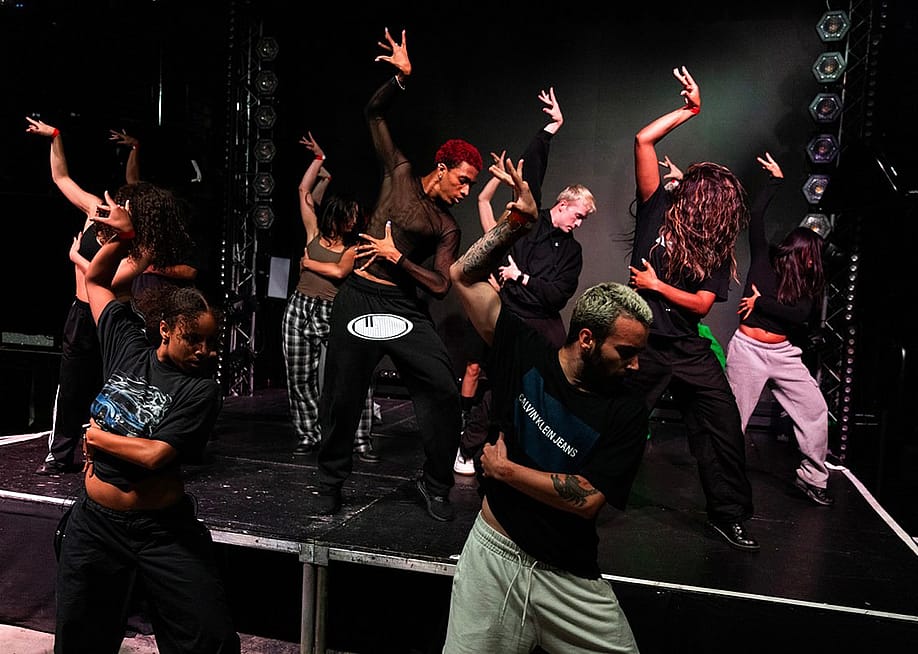 Zion Harris, center, rehearses for Jeté, a monthly dance showcase at Heart WeHo in West Hollywood in Los Angeles, on on September 19, 2024. — Alisha Jucevic for CalMatters