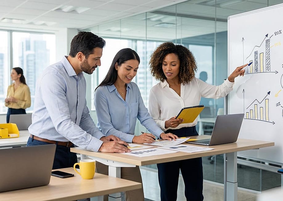 Sales team collaborating in a modern open-plan office in a sales team meeting. — Apollo.io