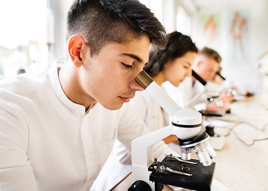 High school students working with microscopes in a laboratory. — Ground Picture // Shutterstock