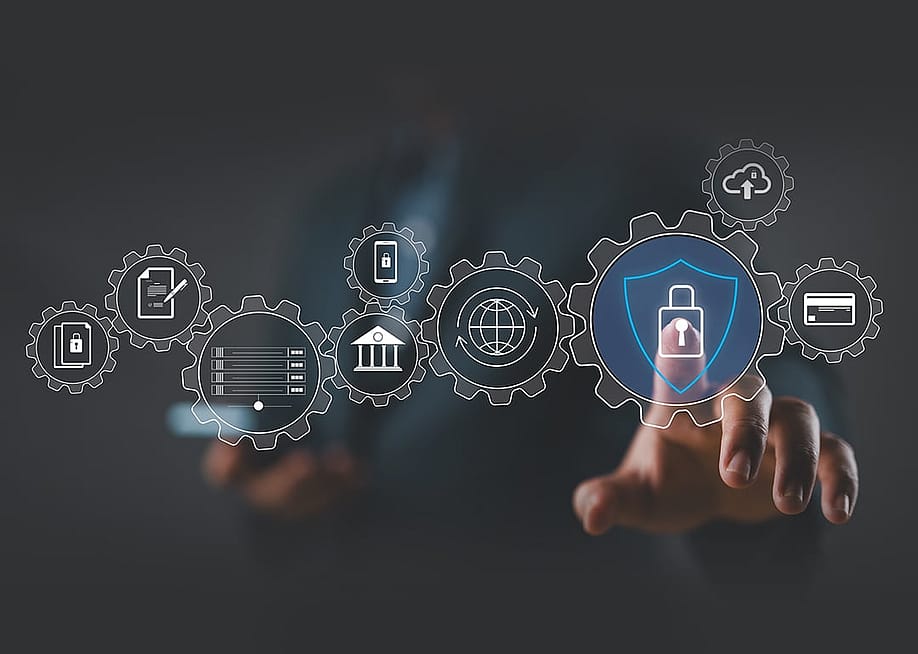 Businessperson navigating an illustration of cybersecurity management software graphics. — mayam_studio // Shutterstock