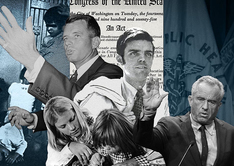 A custom collage showing prominent personalities and graphics related to the school-to-asylum pipeline in the 70s. — Eamonn Fitzmaurice // The74, Getty Images
