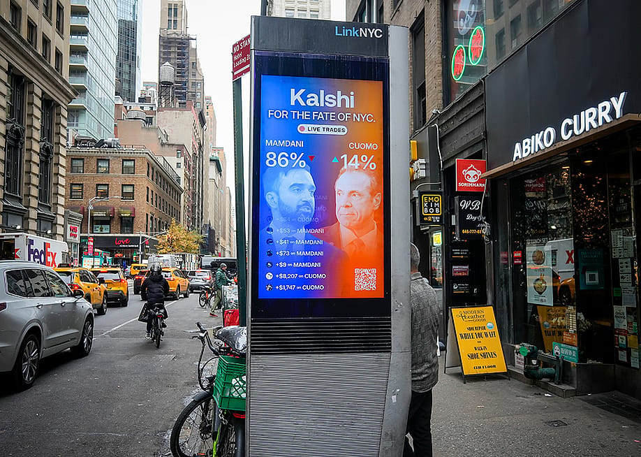 A digital street advertisement by Kalshi promoting their service for betting in the 2025 New York City Mayoral election in New York. — rblfmr // Shutterstock