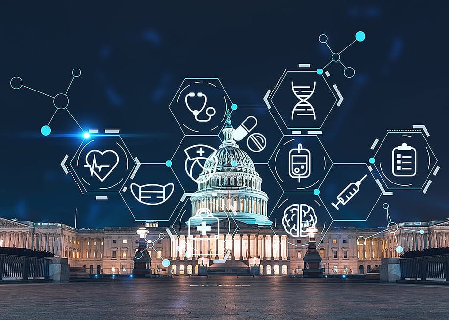 Front view of the Capitol Building in Washington, DC illustrated with digital healthcare network system graphics. — VideoFlow // Shutterstock