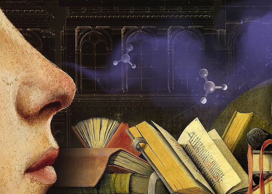 A custom collage-style graphic of historical paintings and artifacts illustrating the concept of smell throughout history. — Knowable Magazine