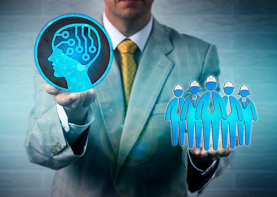 Businessman illustrated with graphics representing AI and human workforce, balancing it with both hands as a concept of AI adoption in the workplace. — LeoWolfert // Shutterstock